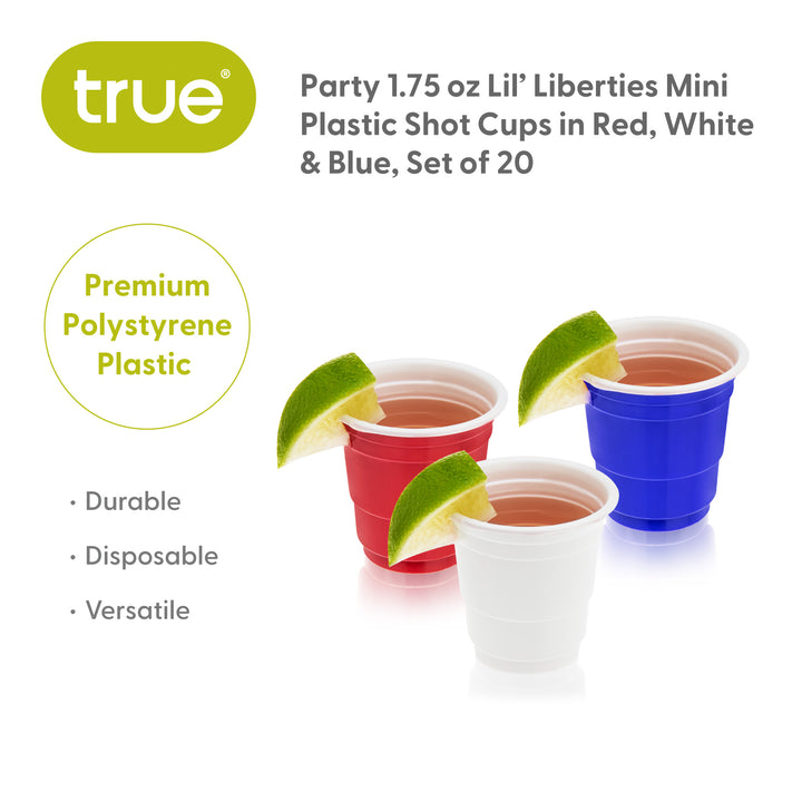 Party 1.75 oz Lil’ Liberties Mini Plastic Shot Cups in Red, White & Blue, Set of 20