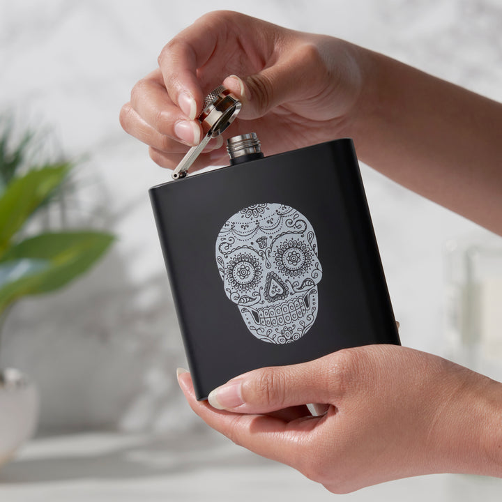 Trueflask 6 oz Soft Touch Dia De Los Muertos Flask in Black