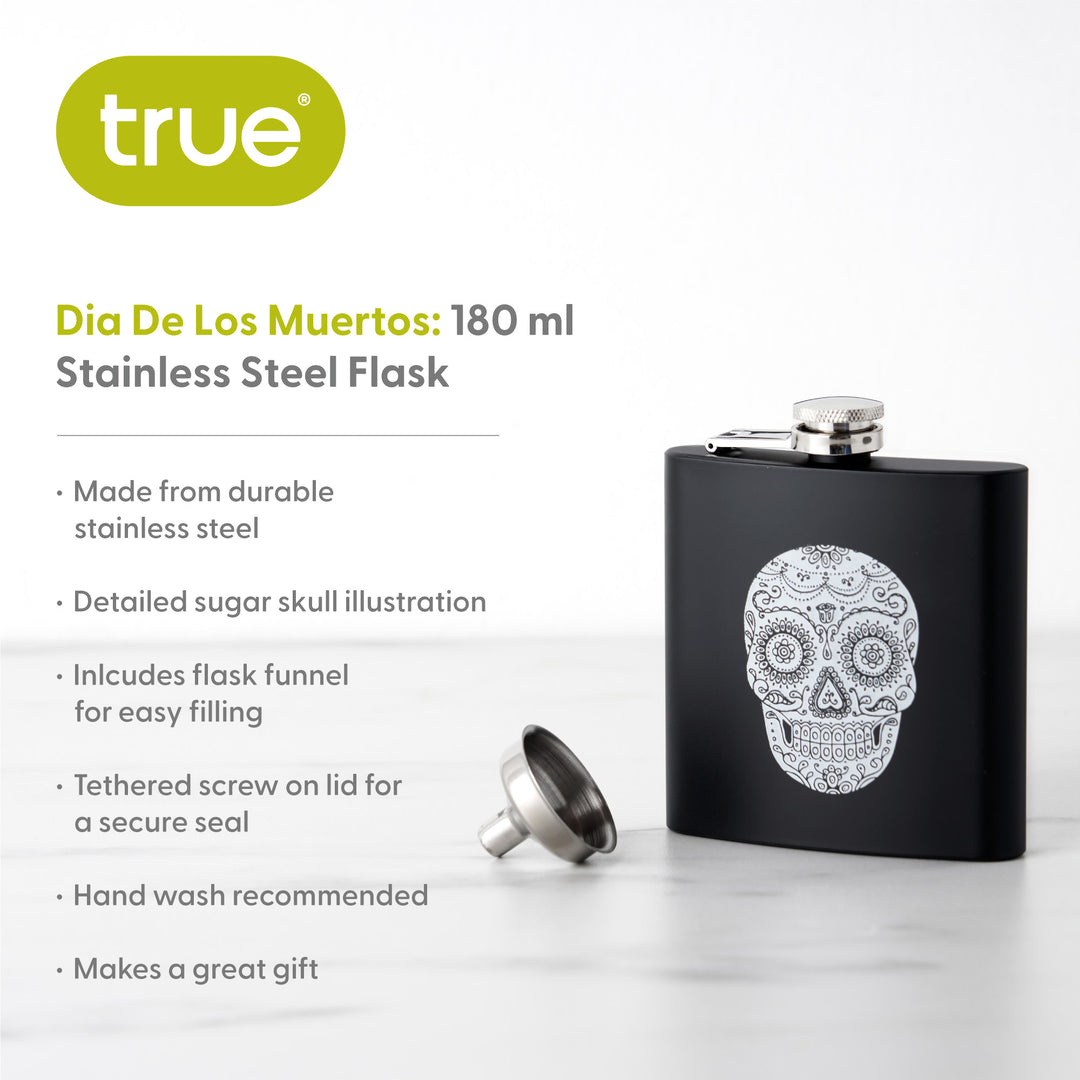 Trueflask 6 oz Soft Touch Dia De Los Muertos Flask in Black