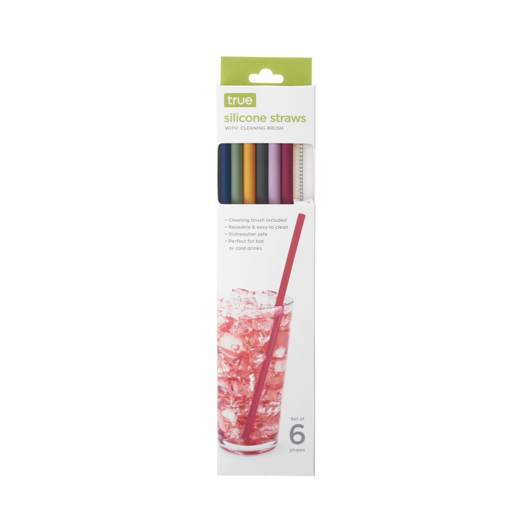 Silicone Straws with Cleaning Brush in Assorted Colors, Set of 6