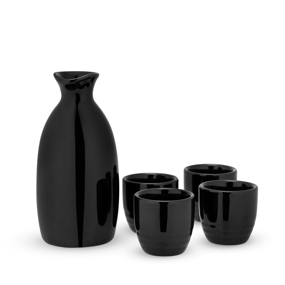 Moga 5-Piece Porcelain Sake Set in Black