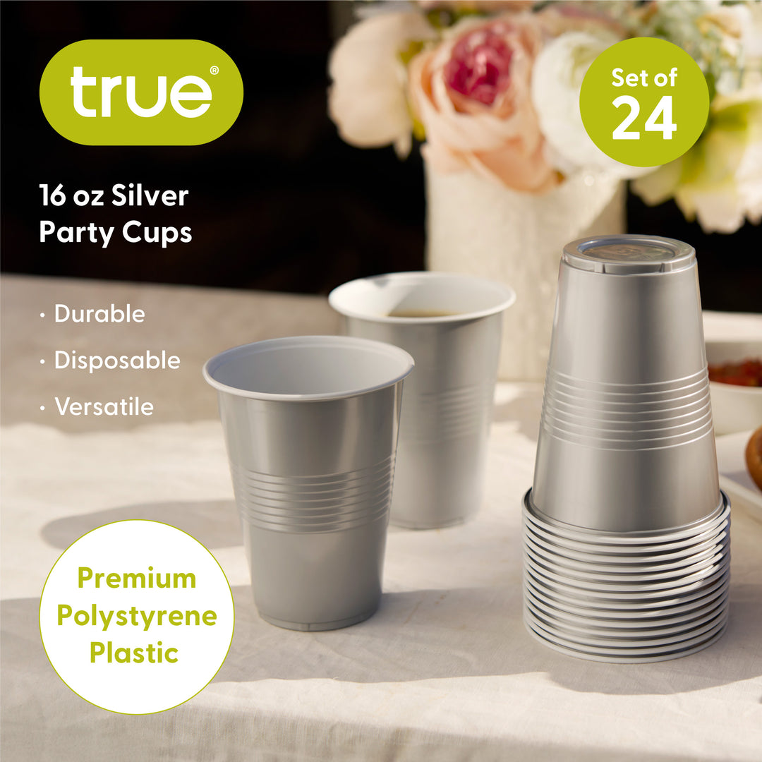 Party 16 oz Plastic Cups in Silver, Set of 24