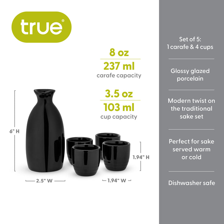 Moga 5-Piece Porcelain Sake Set in Black