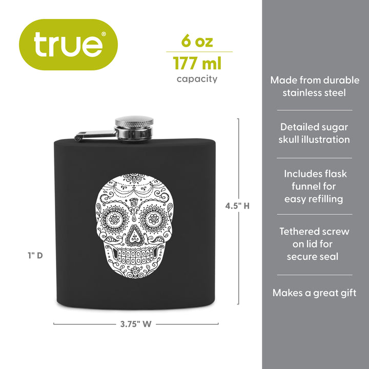 Trueflask 6 oz Soft Touch Dia De Los Muertos Flask in Black