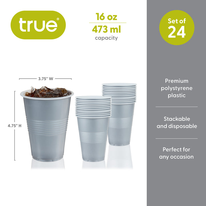 Party 16 oz Plastic Cups in Silver, Set of 24