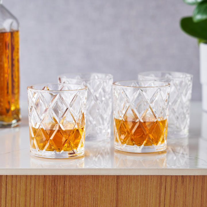 Scotch 11 oz  Diamond Cut Tumbler Glasses, Set of 4