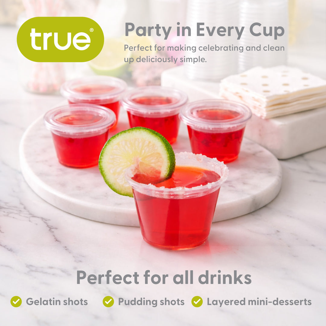 True Jello Shot Cups with Lids, Salad Dressing Sauce Containers, Jello Shots,  Disposable Plastic Cups with Lids, Condiment Containers, 2.5oz Set of 25